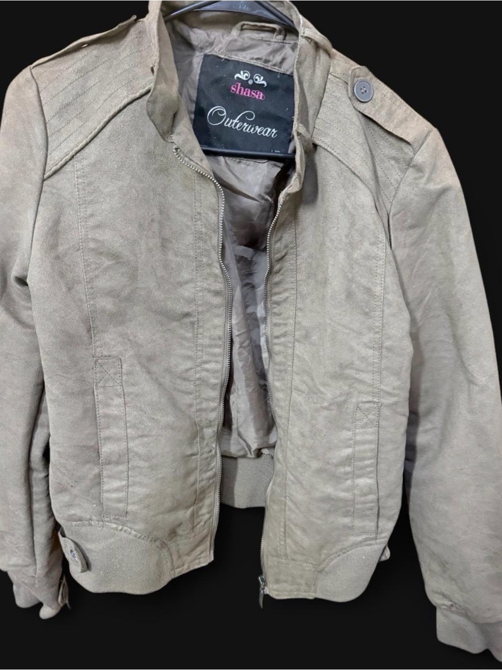 Shasa Taupe Casual Bomber Jacket with Button-Detail Shoulders